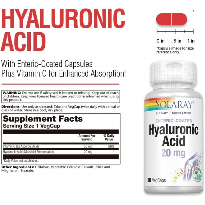 Solaray Hyaluronic Acid | Helps Support Healthy Joint Comfort and Skin Health | with Vitamin C | 30 VegCaps