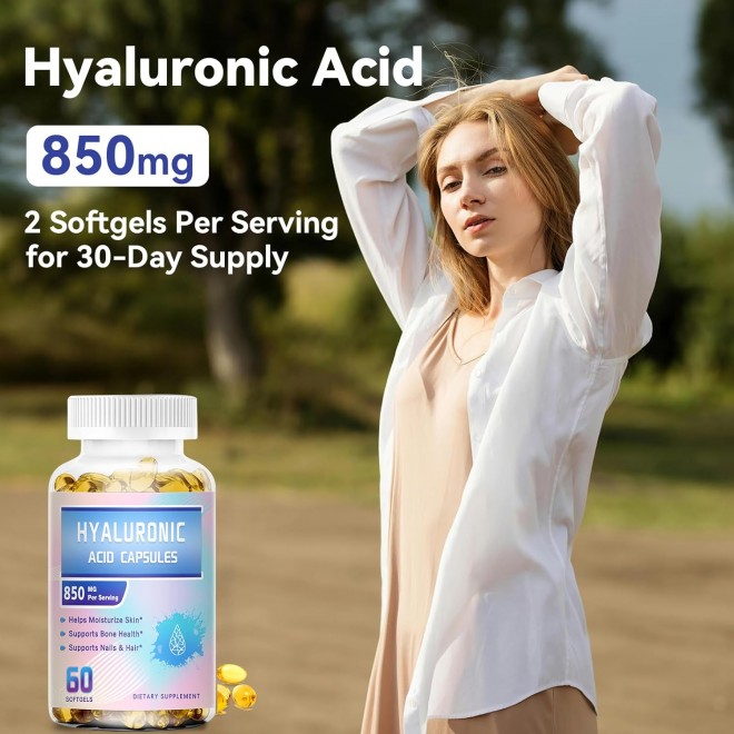 Hyaluronic Acid Supplements, 850mg High Bioavailable Dietary Hyaluronic Acid Capsules, Double Strength Skin Hydration, Joint Lubrication, Eye Health, Hair & Nails Growth Support