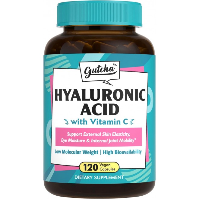 Gutcha Hyaluronic Acid, Ultra Strength with Vitamin C, Low Molecular Weight, High Stability & Bioavailability, Anti-Aging Formula for Joints, Skin & Eyes, Vegan, Once Daily, Non-GMO, 120 Caps