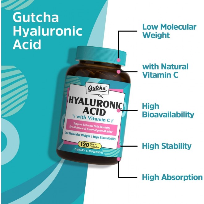 Gutcha Hyaluronic Acid, Ultra Strength with Vitamin C, Low Molecular Weight, High Stability & Bioavailability, Anti-Aging Formula for Joints, Skin & Eyes, Vegan, Once Daily, Non-GMO, 120 Caps