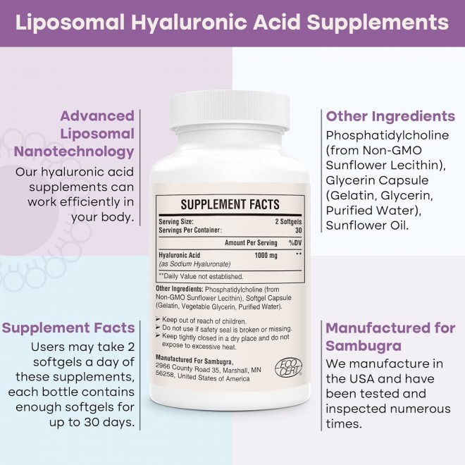 Liposomal Hyaluronic Acid Supplements, High Bioavailability Hyaluronic Acid Capsules, 1000mg Hyaluronic Acid, Dietary Supplement Support Skin Hydration and Joint Lubrication, 60 Capsules