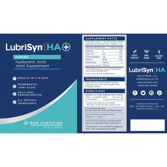 Lubrisyn HA with MSM - Proprietary Vegan Joint Relief Edible Supplement Made in USA for Humans - 30 Day Supply of Liquid Hyaluronic Acid Formula for Healthy Joints