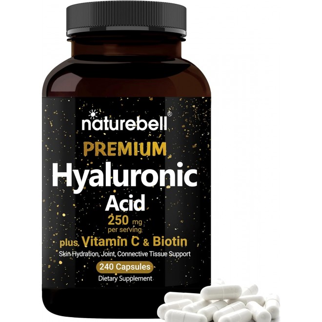 NatureBell Hyaluronic Acid Supplements 250mg | 240 Capsules, with Biotin 5000mcg & Vitamin C 25mg, 3 in 1 Support - Skin Hydration, Joint Lubrication, Hair and Eye Health