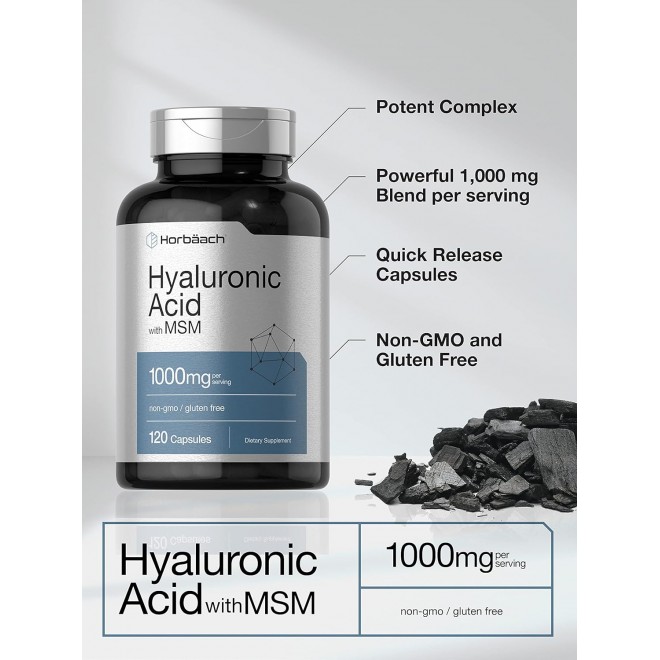 Horbäach Hyaluronic Acid with MSM | 1000 mg | 120 Capsules | Non-GMO and Gluten Free Supplement | Bioavailable Formula