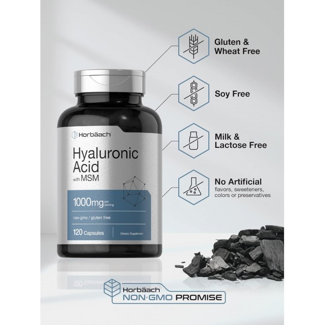 Horbäach Hyaluronic Acid with MSM | 1000 mg | 120 Capsules | Non-GMO and Gluten Free Supplement | Bioavailable Formula