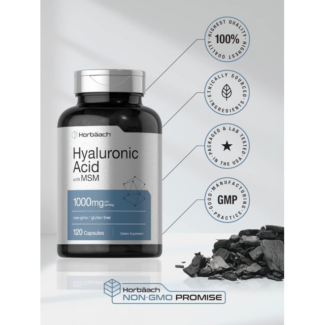 Horbäach Hyaluronic Acid with MSM | 1000 mg | 120 Capsules | Non-GMO and Gluten Free Supplement | Bioavailable Formula