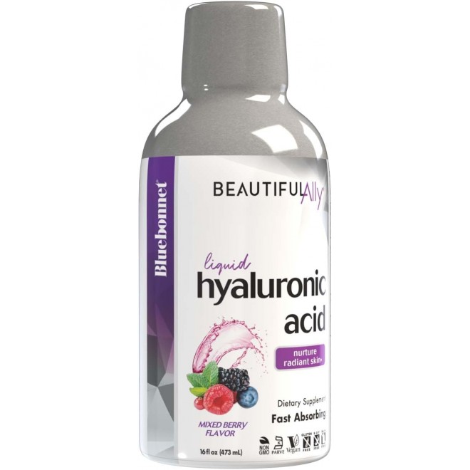 Bluebonnet Nutrition Beautiful Ally Liquid Hyaluronic Acid, Nurture Radiant Skin*, Non-GMO, Vegan, Kosher Certified, Gluten-Free, Soy-Free, Dairy-Free, Mixed Berry Flavor, 16 fl oz, 32 Servings