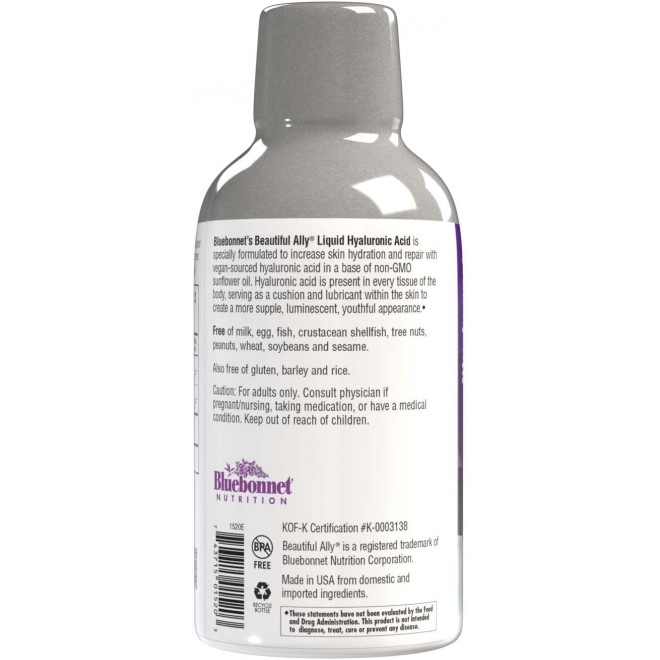 Bluebonnet Nutrition Beautiful Ally Liquid Hyaluronic Acid, Nurture Radiant Skin*, Non-GMO, Vegan, Kosher Certified, Gluten-Free, Soy-Free, Dairy-Free, Mixed Berry Flavor, 16 fl oz, 32 Servings