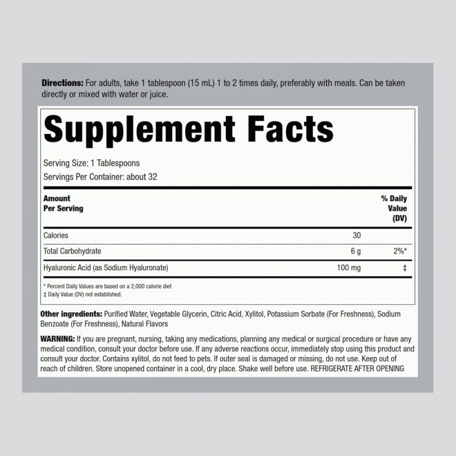 Piping Rock Hyaluronic Acid Supplements 100mg | 16 fl oz | Liquid Supplement | Mixed Berry Flavor | Vegetarian, Non-GMO, Gluten Free