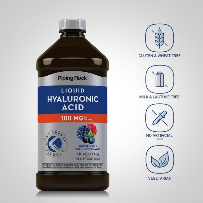 Piping Rock Hyaluronic Acid Supplements 100mg | 16 fl oz | Liquid Supplement | Mixed Berry Flavor | Vegetarian, Non-GMO, Gluten Free