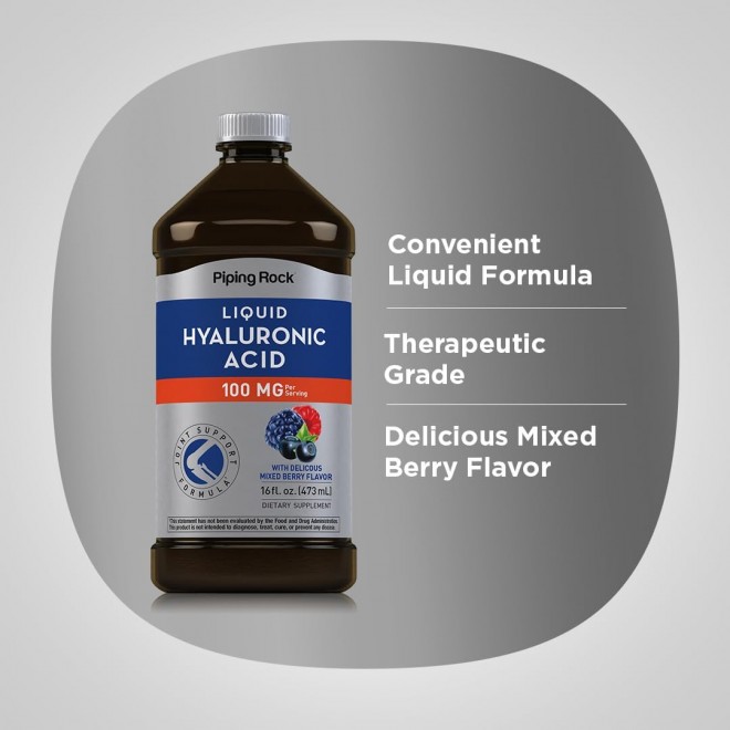 Piping Rock Hyaluronic Acid Supplements 100mg | 16 fl oz | Liquid Supplement | Mixed Berry Flavor | Vegetarian, Non-GMO, Gluten Free