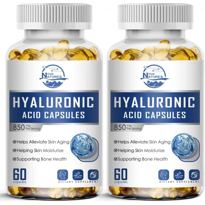 Nature's live Hyaluronic Acid Supplements, 850mg High Bioavailable Dietary Hyaluronic Acid Capsules, Double Strength Skin Hydration, Joint Lubrication, Hair & Nails Support, 60 Softgel, 2 Pack