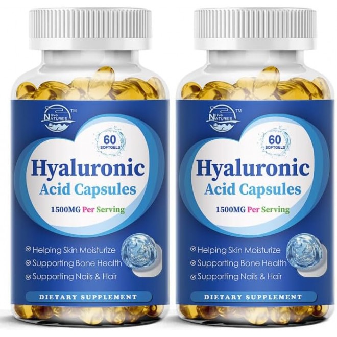 Nature's live Hyaluronic Acid Supplements, 1500mg High Bioavailable Dietary Hyaluronic Acid Capsules, Double Strength Skin Hydration, Joint Lubrication, Hair & Nails Support, 60 Softgels, 2 Pack