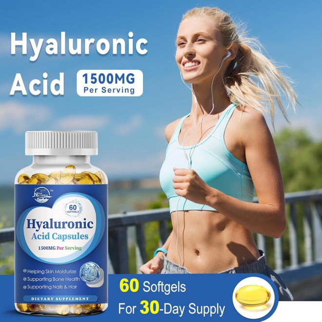 Nature's live Hyaluronic Acid Supplements, 1500mg High Bioavailable Dietary Hyaluronic Acid Capsules, Double Strength Skin Hydration, Joint Lubrication, Hair & Nails Support, 60 Softgels, 2 Pack