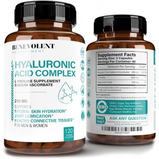 Hyaluronic Acid Supplements 250mg with 200mg Vitamin C, 1000mg L-Proline & Anti-Aging Benefits, Hyaluronic Acid Capsules for Youthful Skin, Joints & Connective Tissue Health - 120 Capsules