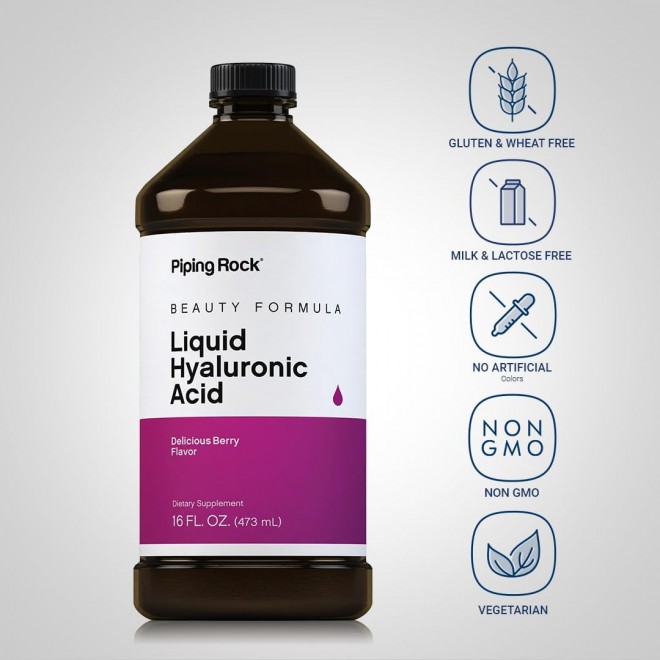 Piping Rock Liquid Hyaluronic Acid Supplement | 100mg | 16 fl oz | Berry Flavor | Vegetarian Formula | Non-GMO, Gluten Free