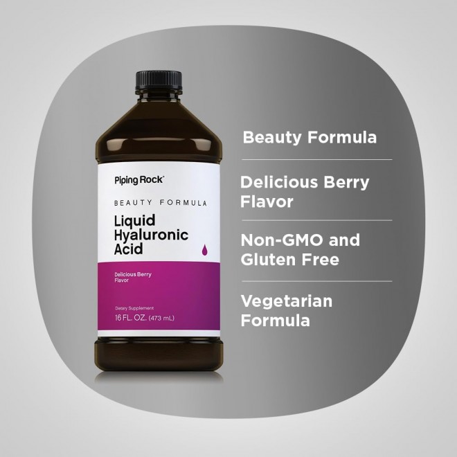 Piping Rock Liquid Hyaluronic Acid Supplement | 100mg | 16 fl oz | Berry Flavor | Vegetarian Formula | Non-GMO, Gluten Free