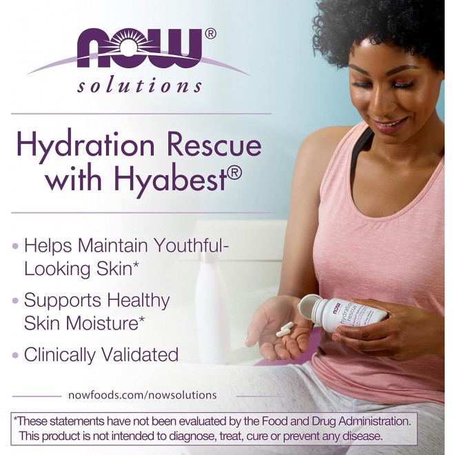 NOW Foods Solutions, Hydration Rescue with Hyabest hyaluronic acid, Helps Maintain Youthful Looking Skin*, Supports Healthy Skin Moisture*, 60 Veg Capsules