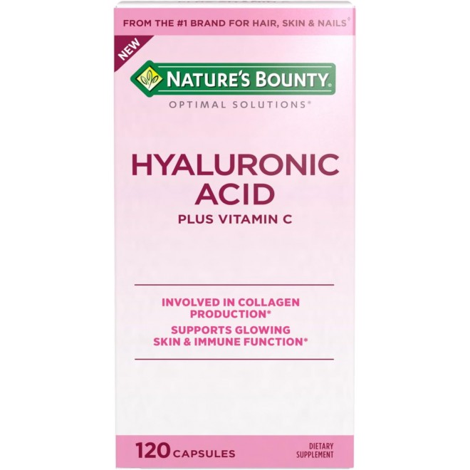 Nature's Bounty Vitamin C and Hyaluronic Acid Supplement, Supports Glowing Skin, Immune Function & Collagen Production, 120 Capsules - 60 Day Supply, Optimal Solutions Supplements for Skin Health