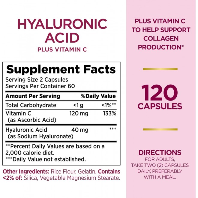 Nature's Bounty Vitamin C and Hyaluronic Acid Supplement, Supports Glowing Skin, Immune Function & Collagen Production, 120 Capsules - 60 Day Supply, Optimal Solutions Supplements for Skin Health