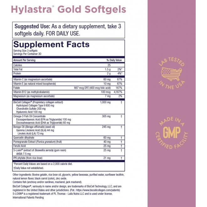 Purity Products Hylastra Gold Softgels Collagen + Hyaluronic Acid + Beauty Boosting Powerhouse Ingredients - Increased Skin Hydration & Elasticity - Reduces Fine Lines & Wrinkles - 90 Softgels