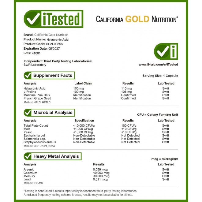 California Gold Nutrition Hyaluronic Acid Complex, 60 Veggie Capsules