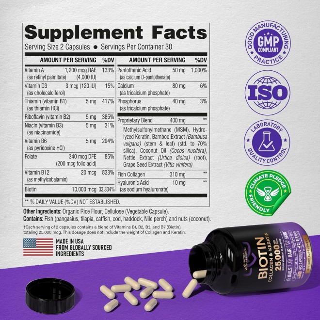 Biotin | Collagen | Keratin - Clinically Tested Supplement - Hair Growth Support - Skin & Nails Complex 25000 mcg - Hyaluronic Acid | B2 | B3 | B6 | B7 - Made in USA - For Women & Men | 60 Capsules