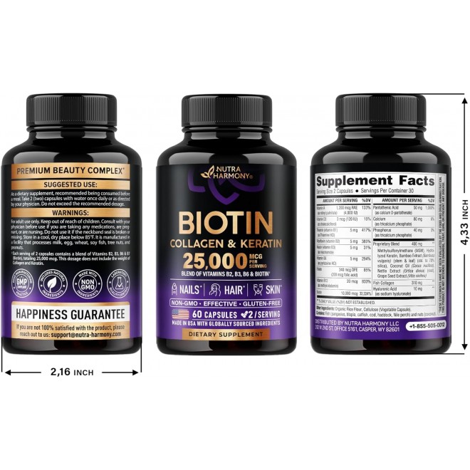 Biotin | Collagen | Keratin - Clinically Tested Supplement - Hair Growth Support - Skin & Nails Complex 25000 mcg - Hyaluronic Acid | B2 | B3 | B6 | B7 - Made in USA - For Women & Men | 60 Capsules