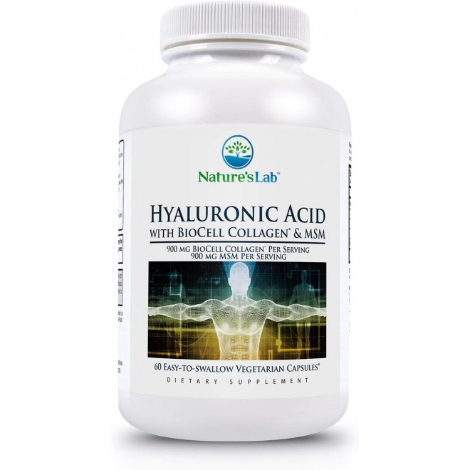 Nature's Lab Hyaluronic Acid with Biocell Collagen and MSM - Skin Hydration, Joint Health - 60 Capsules (20 Day Supply)