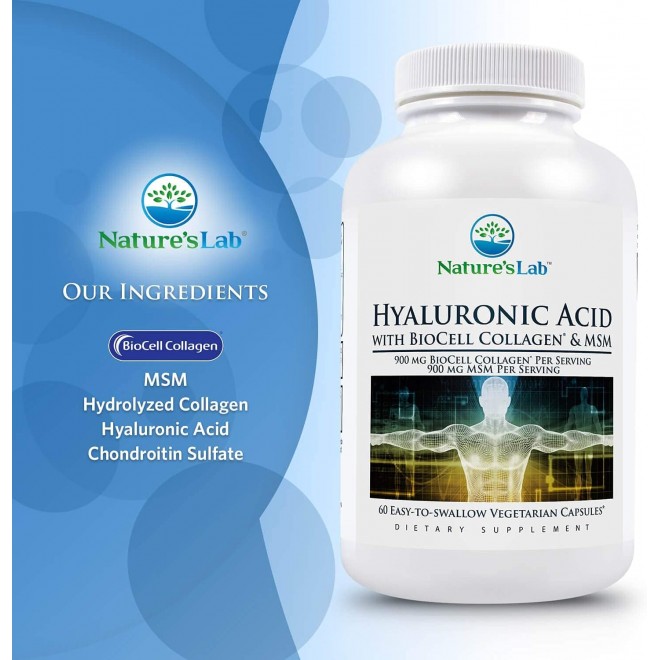 Nature's Lab Hyaluronic Acid with Biocell Collagen and MSM - Skin Hydration, Joint Health - 60 Capsules (20 Day Supply)