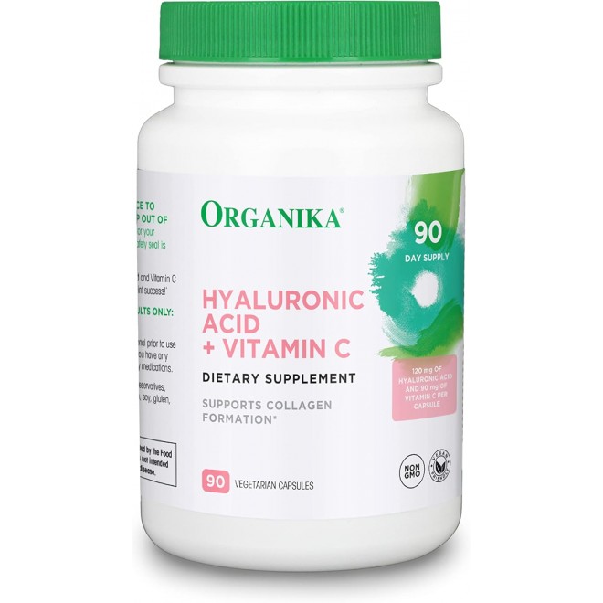 Organika Hyaluronic Acid with Vitamin C 120mg- Collagen Formation, Joint Health, Skin Hydration- 90vcaps