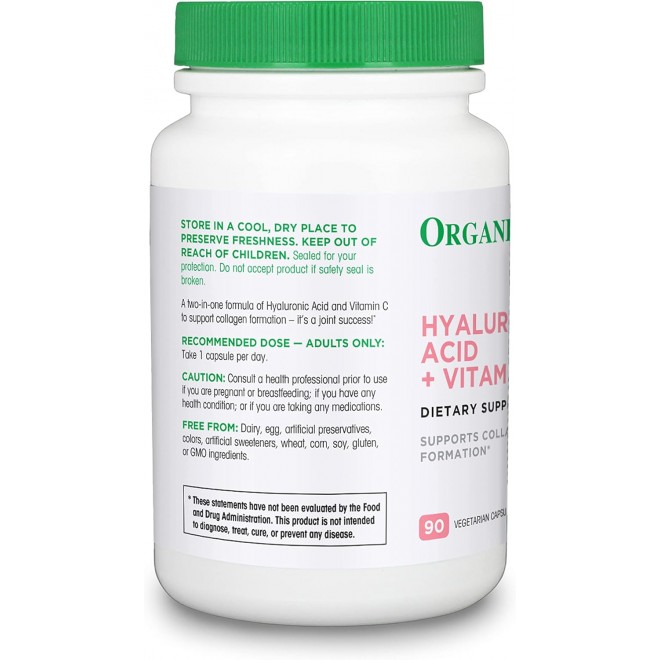 Organika Hyaluronic Acid with Vitamin C 120mg- Collagen Formation, Joint Health, Skin Hydration- 90vcaps