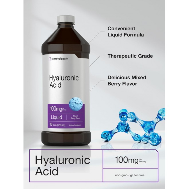 Horbäach Liquid Hyaluronic Acid Supplement | 100 mg | 16 oz | Mixed Berry Flavor | Non-GMO and Gluten Free Formula