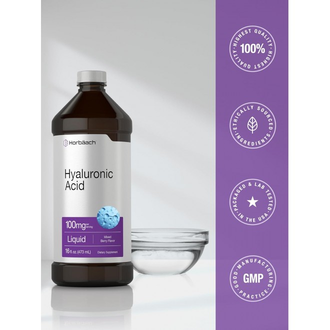 Horbäach Liquid Hyaluronic Acid Supplement | 100 mg | 16 oz | Mixed Berry Flavor | Non-GMO and Gluten Free Formula