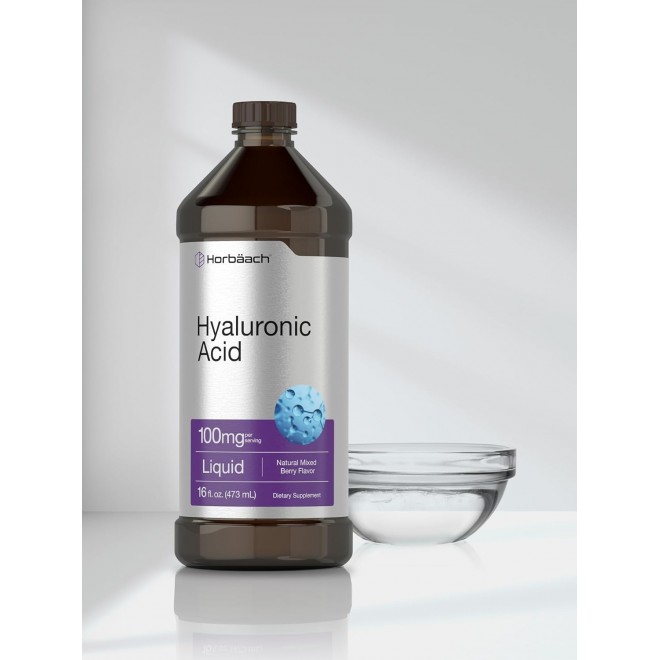 Horbäach Liquid Hyaluronic Acid Supplement | 100 mg | 16 oz | Mixed Berry Flavor | Non-GMO and Gluten Free Formula