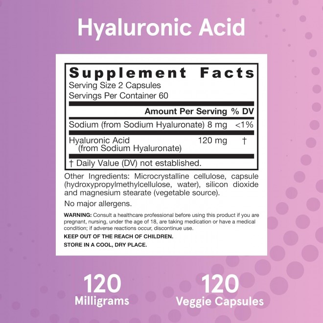 Jarrow Formulas Hyaluronic Acid 120 mg, Dietary Supplement, Skin Health Support, 120 Veggie Capsules, Up to 60 Day Supply