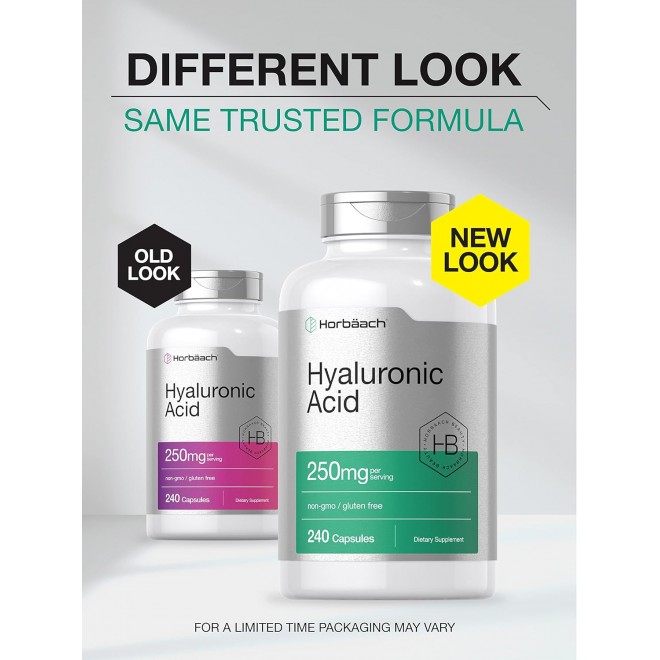 Horbäach Hyaluronic Acid Capsules | 250 mg | 240 Count | Non-GMO and Gluten Free Supplement