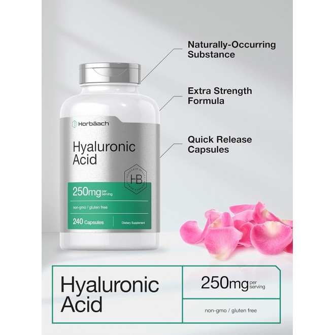 Horbäach Hyaluronic Acid Capsules | 250 mg | 240 Count | Non-GMO and Gluten Free Supplement