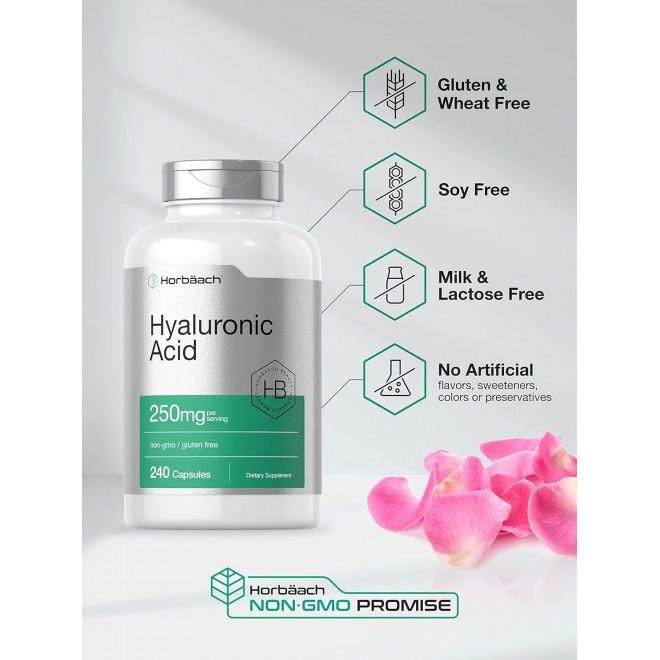 Horbäach Hyaluronic Acid Capsules | 250 mg | 240 Count | Non-GMO and Gluten Free Supplement