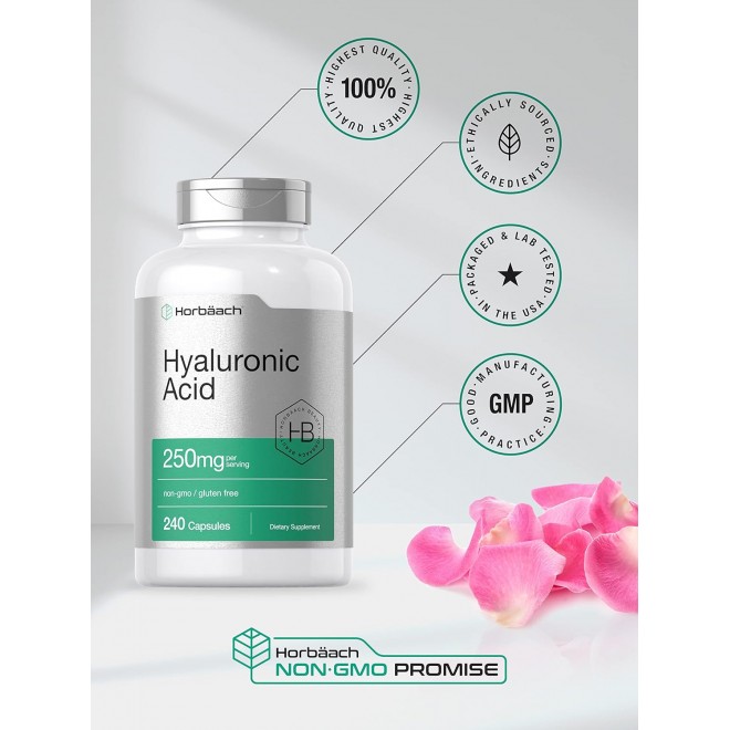 Horbäach Hyaluronic Acid Capsules | 250 mg | 240 Count | Non-GMO and Gluten Free Supplement