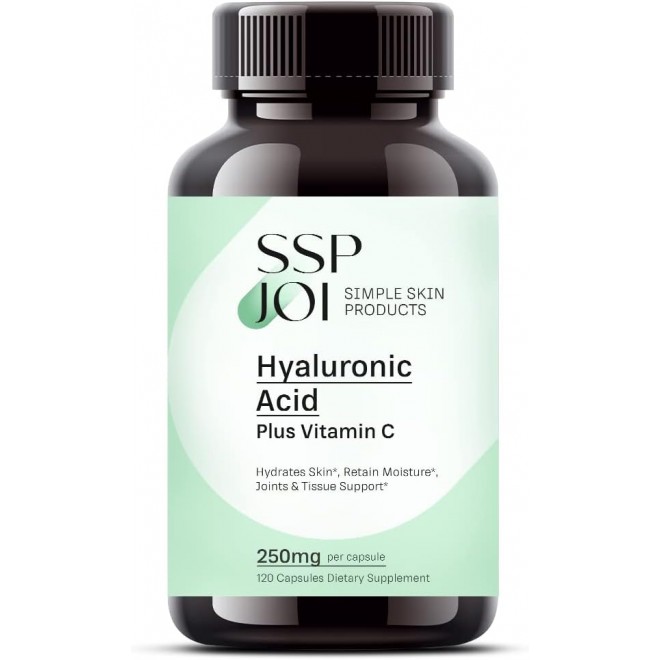 Hyaluronic Acid 250mg with 50mg Vitamin C per Capsule - 120 Veggie Capsules - Supports Skin Hydration, Youthful Skin, Joints Lubrication