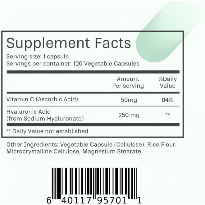 Hyaluronic Acid 250mg with 50mg Vitamin C per Capsule - 120 Veggie Capsules - Supports Skin Hydration, Youthful Skin, Joints Lubrication