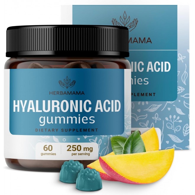 HERBAMAMA Hyaluronic Acid Gummies - 250 mg Hyaluronic Acid Supplements for Skin and Joints - Vegan, Gelatin-Free, Non-GMO - 60 Mango-Flavored Hyaluronic Acid Chewables