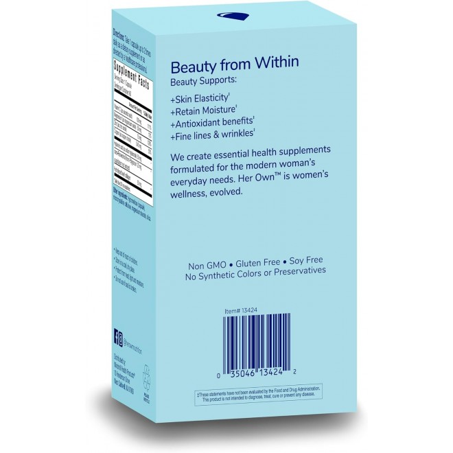 Her Own Beauty Hyaluronic Acid Capsules, Skin Hydration, Nourishes and Protects Skin, Essential Collagen, Hyaluronic Acid, Supports Beautiful Skin, with Zinc, Magnesium, Vitamin C, 60 Count