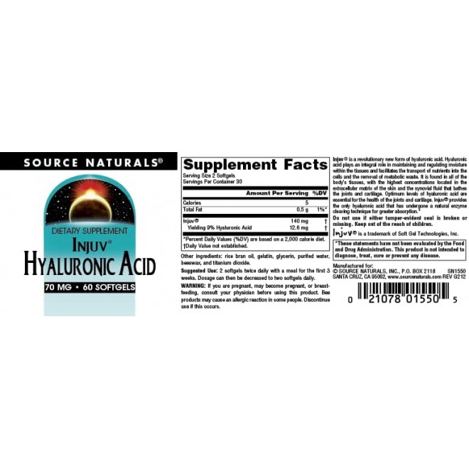 Source Naturals Hyaluronic Acid Injuv 70mg - 60 Softgels