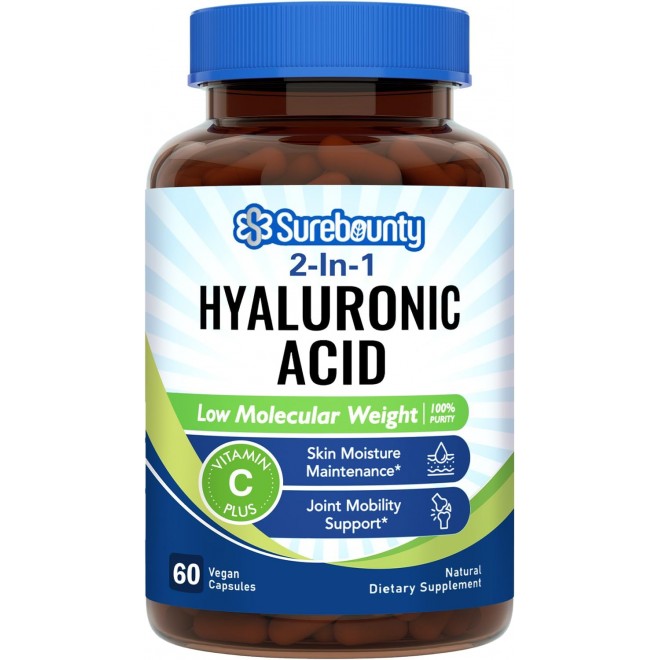 Hyaluronic Acid, Sodium Hyaluronate + Vitamin C, Highly Purified and Bioavailable, Skin Hydration, Joints Lubrication and Antioxidant, 60 Vegan Caps