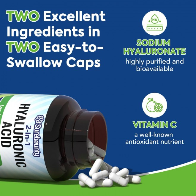 Hyaluronic Acid, Sodium Hyaluronate + Vitamin C, Highly Purified and Bioavailable, Skin Hydration, Joints Lubrication and Antioxidant, 60 Vegan Caps