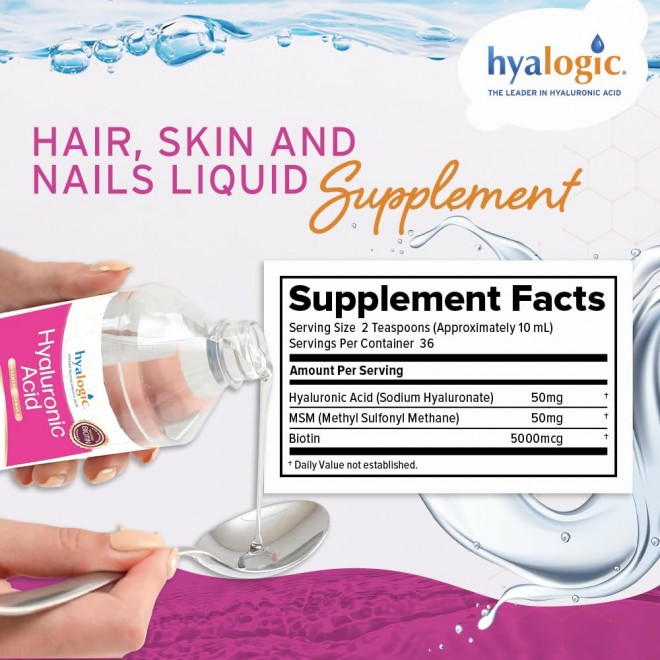 Hyalogic Liquid Hyaluronic Acid Supplement - Support for Healthy Hair, Skin and Nails with 5,000 mcg Biotin and 50mg MSM - Natural Hydration for the Whole Body - High Molecular Weight Formula - 12 oz