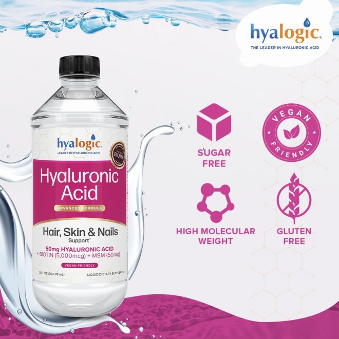 Hyalogic Liquid Hyaluronic Acid Supplement - Support for Healthy Hair, Skin and Nails with 5,000 mcg Biotin and 50mg MSM - Natural Hydration for the Whole Body - High Molecular Weight Formula - 12 oz