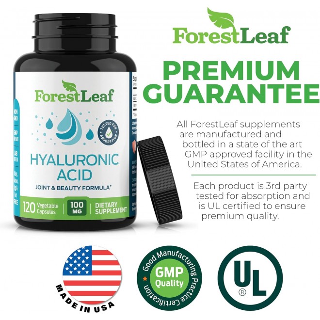 ForestLeaf - Hyaluronic Acid Supplements - 120 Vegetable Capsules - 100mg Dietary Hyaluronic Acid + 50mg Vitamin C Joint & Anti Aging Beauty Formula - Supports Skin Hydration, Joints, Bones & Hair